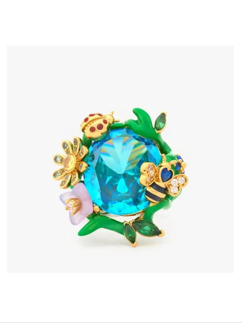 kate spade Gold-Tone Blue Crystal Floral & Bee Brooch with Green Enamel
